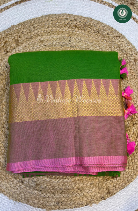 Handwoven Bengal Cotton Saree with Temple Border-Green