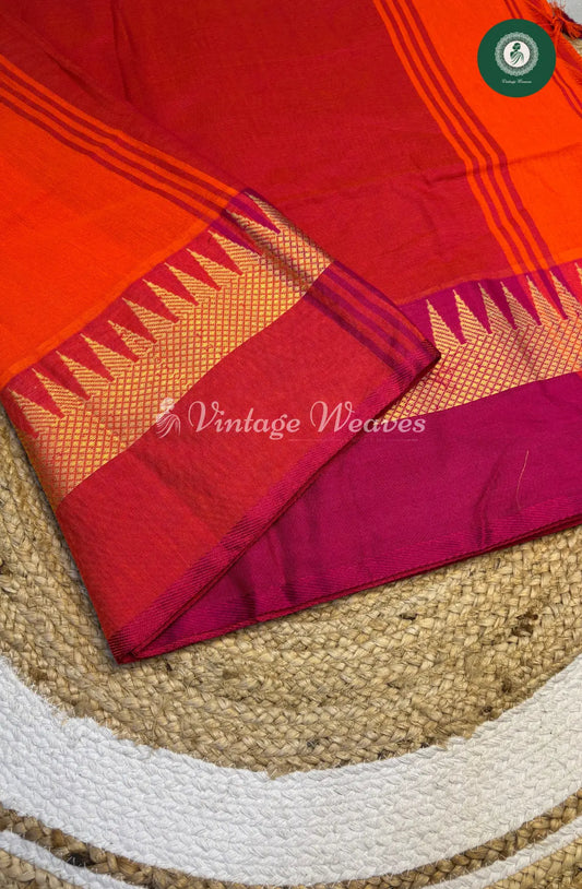 Handwoven Bengal Cotton Saree with Temple Border-Orange