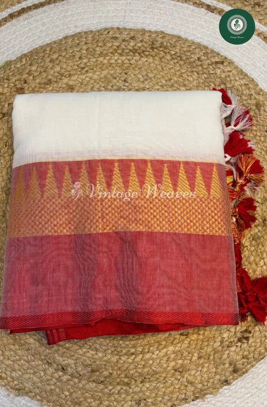 Handwoven Bengal Cotton Saree with Temple Border-White