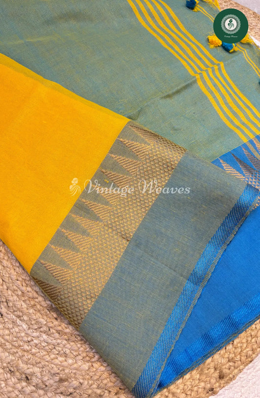 Handwoven Bengal Cotton Saree with Temple Border-yellow