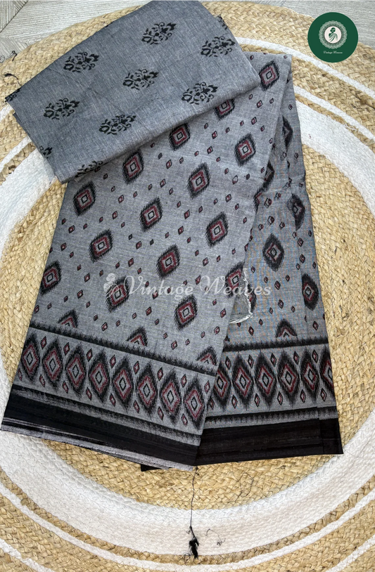 Ikkat Printed Jutecotton DailyWear Saree-Grey Diamond