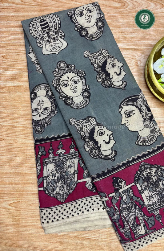 kalamkari mulcotton saree-grey