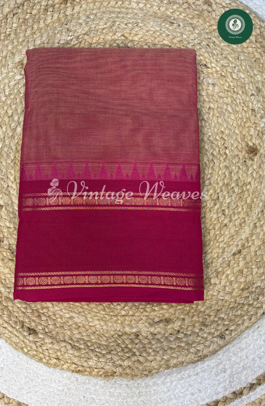 Kanchi Cotton Saree Temple Border Plain-Pink