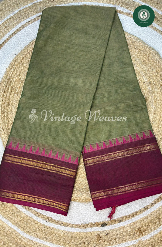 Kanchi Cotton Saree Temple Border Plain1-PistaGreen