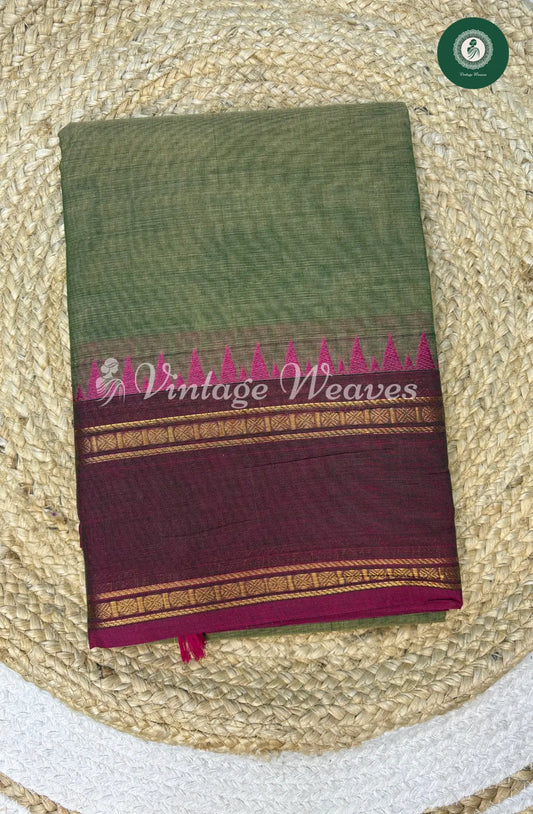 Kanchi Cotton Saree Temple Border Plain1-PistaGreen