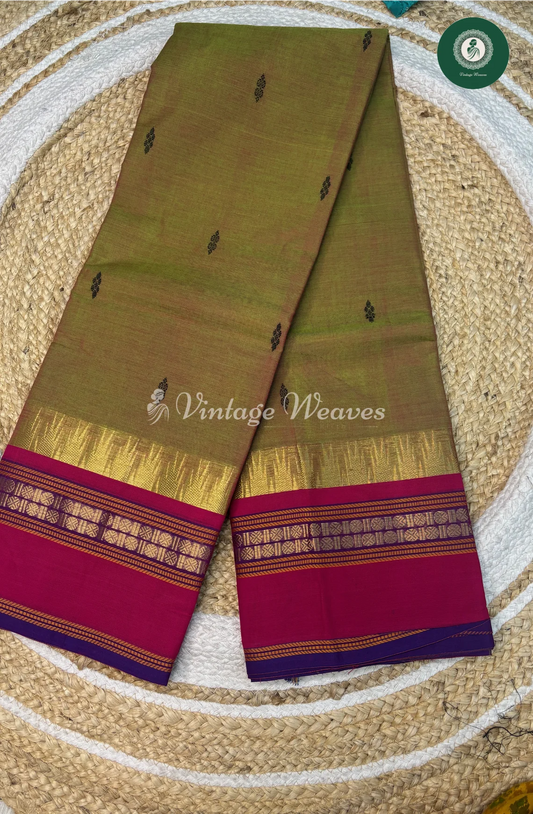 Kanchi Cotton Saree With Buttaand TempleBorder-GreenWithPink