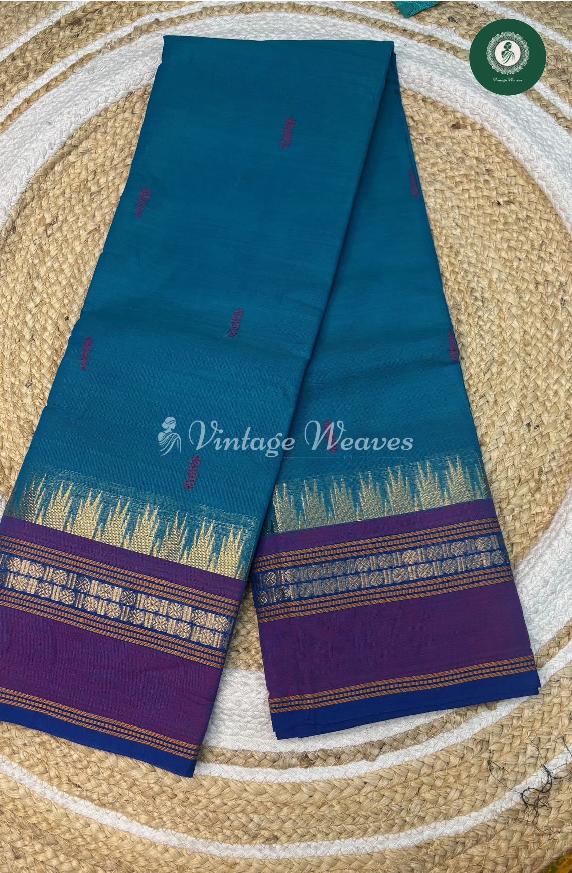 Kanchi Cotton Saree With ButtaBody and TempleBorder-Blue
