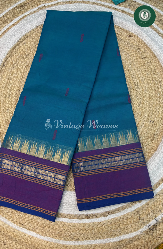 Kanchi Cotton Saree With ButtaBody and TempleBorder-Blue