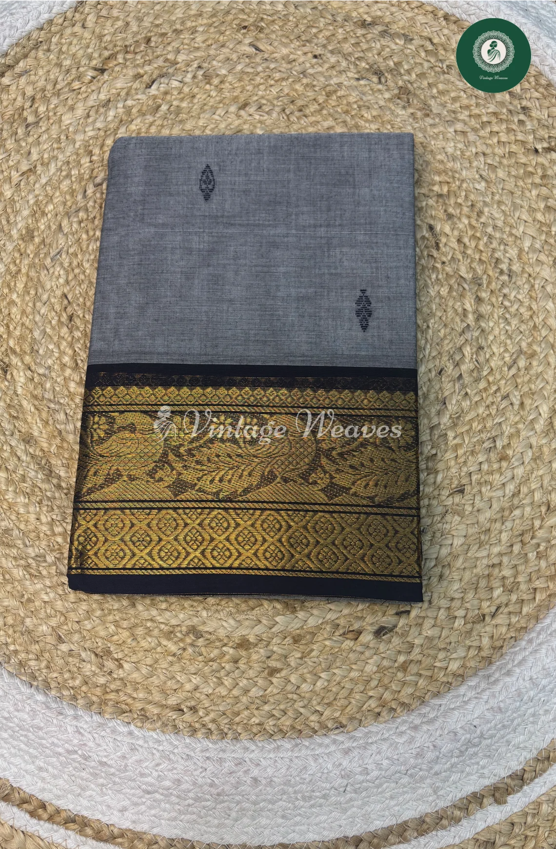 Kanchi Cotton Saree With PeacockBorder-Grey