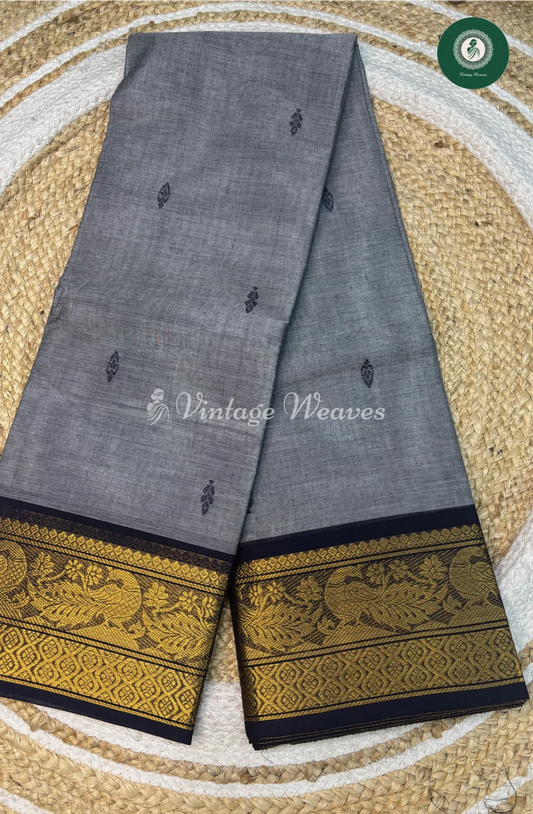 Kanchi Cotton Saree With PeacockBorder-Grey