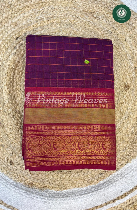 Kanchi Cotton Saree with KattamButta -Brown