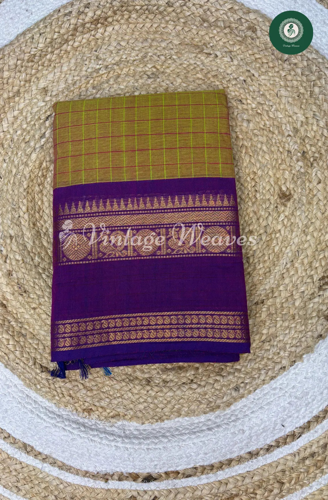 Kanchi Cotton Saree with KattamButta Rettapetaborder-Green