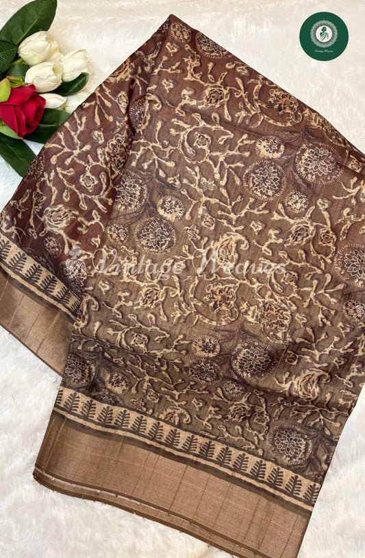 Kosa Silk Saree with all over print-Brown