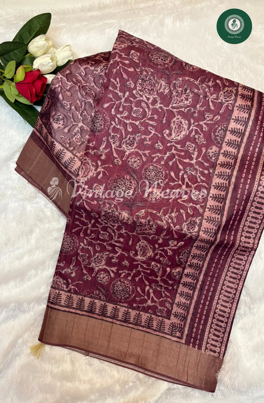 Kosa Silk Saree with all over print-Reddish pink