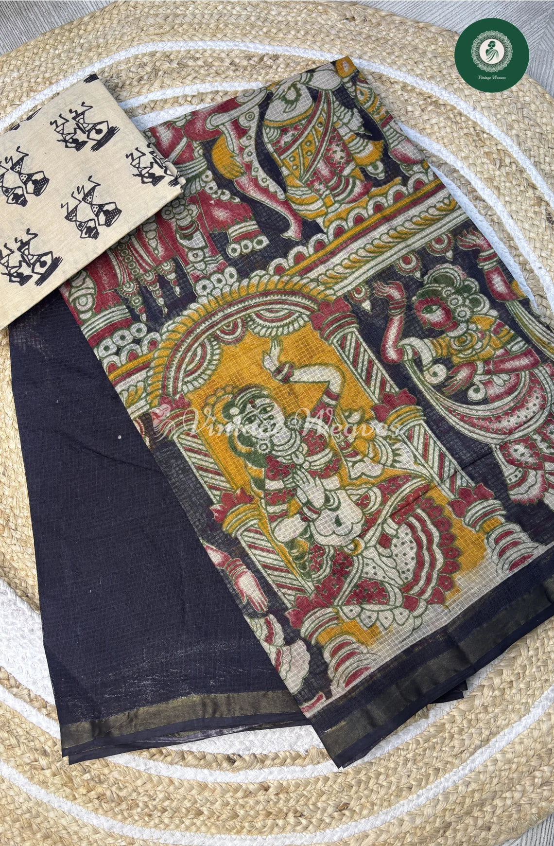 Kota Cotton Ancient Art Print Saree-DarkBlue