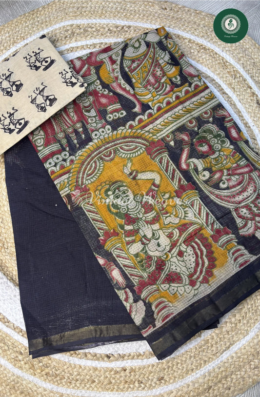Kota Cotton Ancient Art Print Saree-DarkBlue