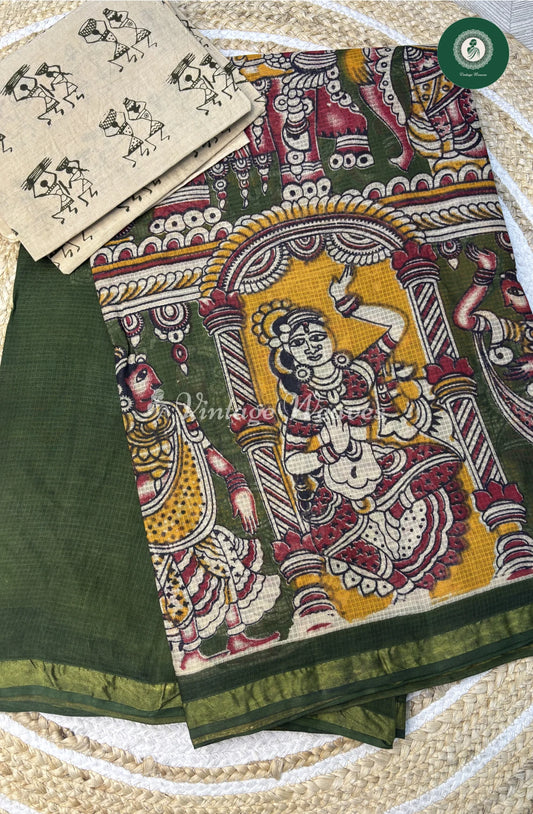 Kota Cotton Ancient Art Print Saree-Green