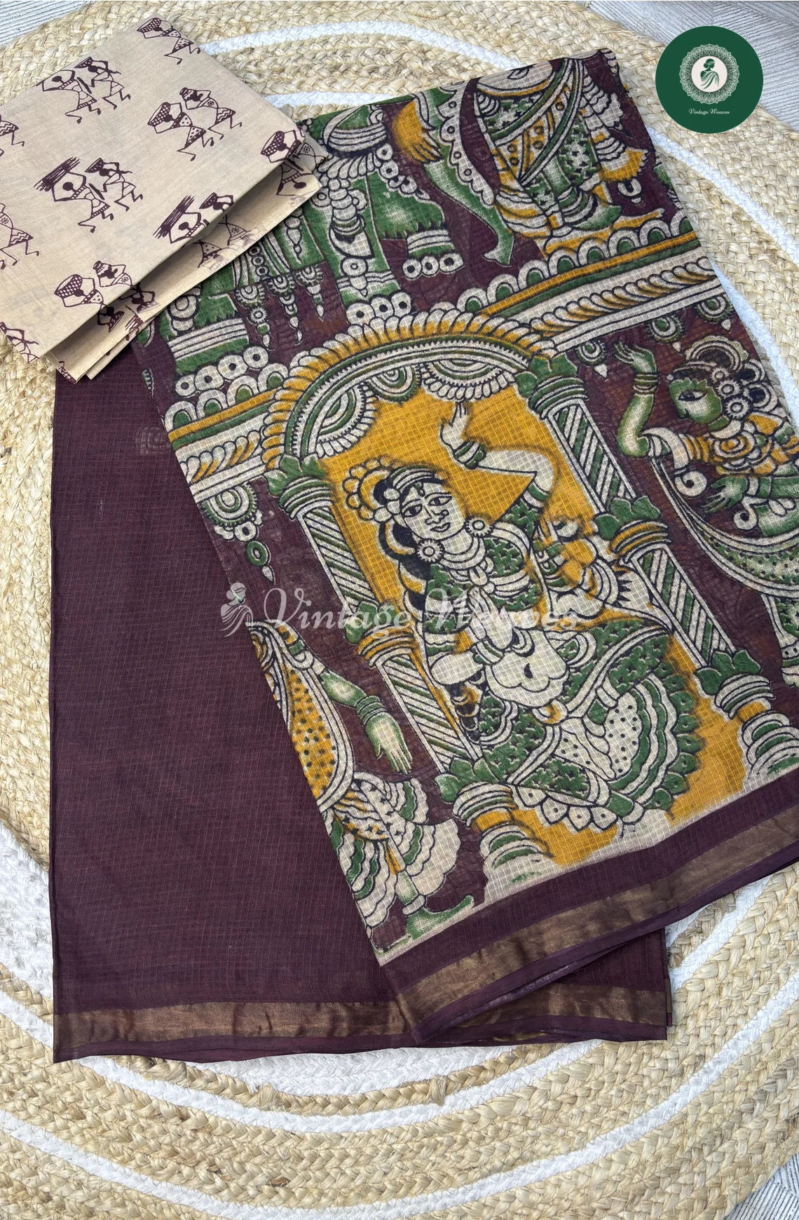 Kota Cotton Ancient Art Print Saree-Marron