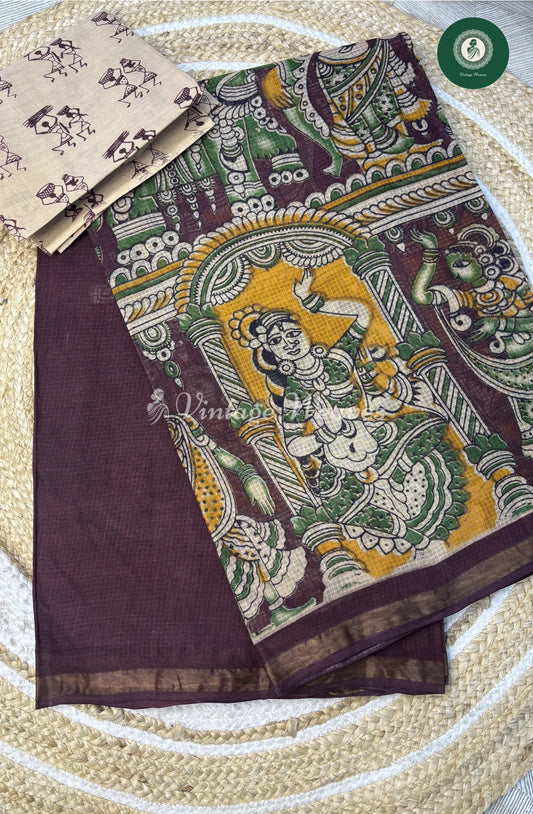 Kota Cotton Ancient Art Print Saree-Marron