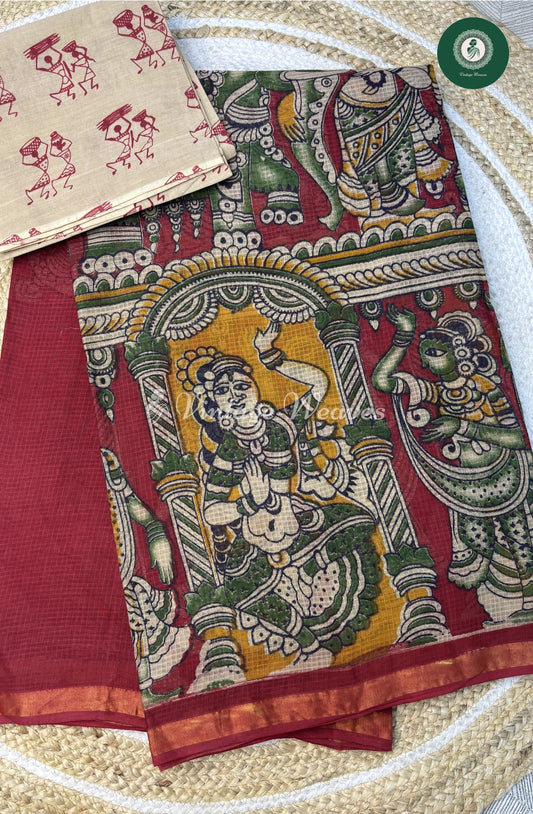 Kota Cotton Ancient Art Print Saree-Red