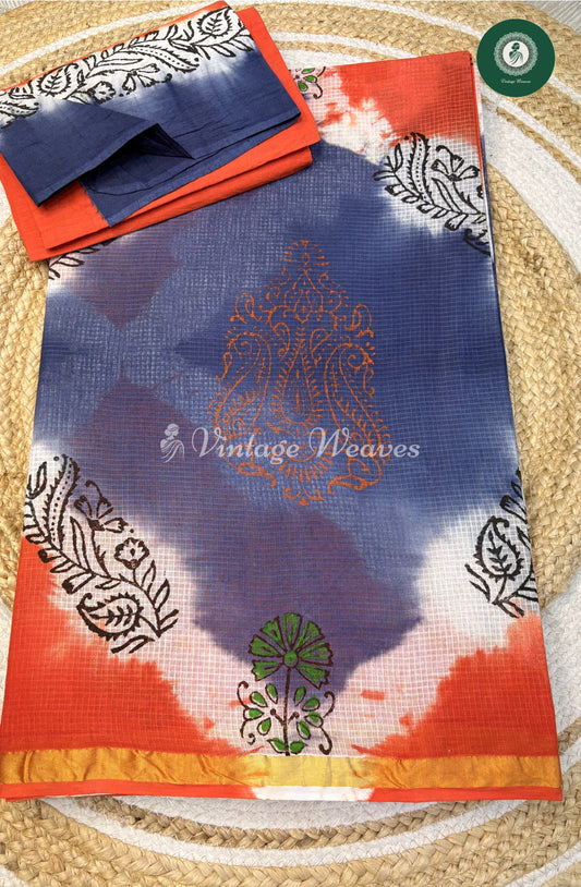 Kota Cotton Saree -BlueWithOrange