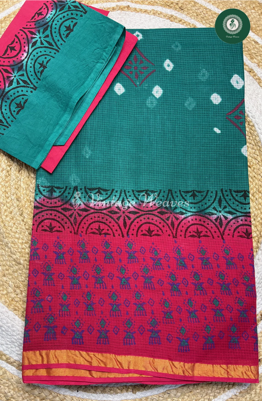 Kota Cotton Saree-Blue With Pink