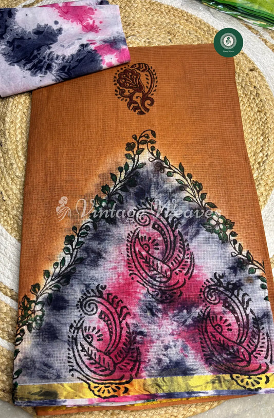 Kota Cotton Saree -Coffee Brown With Multicolor
