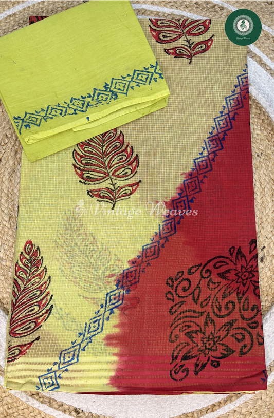 Kota Cotton Saree-GreenWithMarron