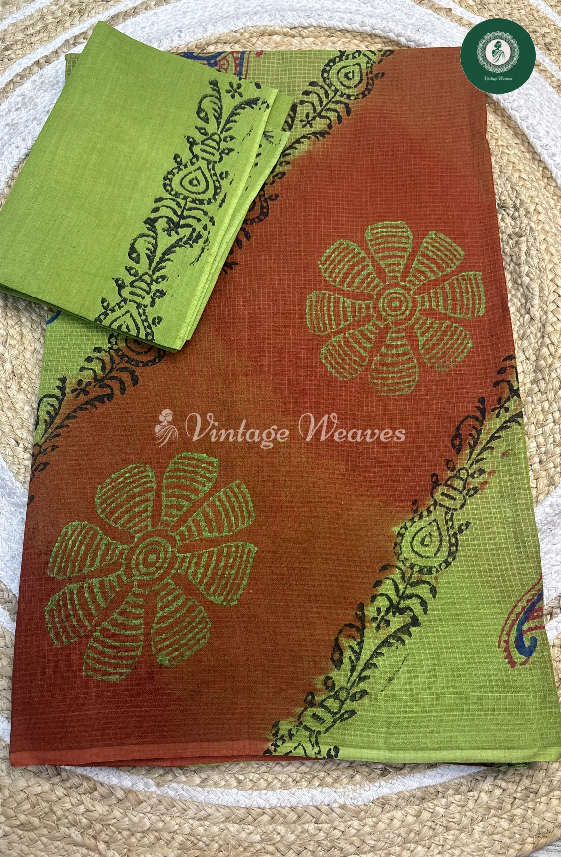 Kota Cotton Saree-GreenwithBrown