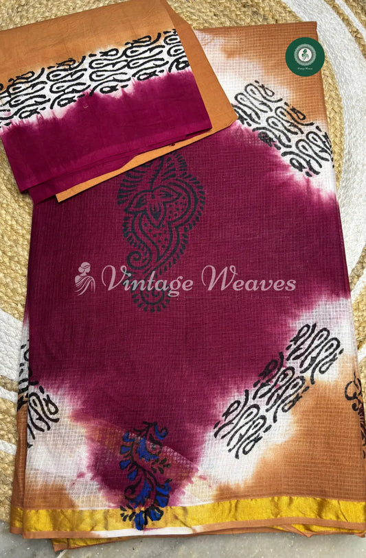 Kota Cotton Saree -Magenta With Brown