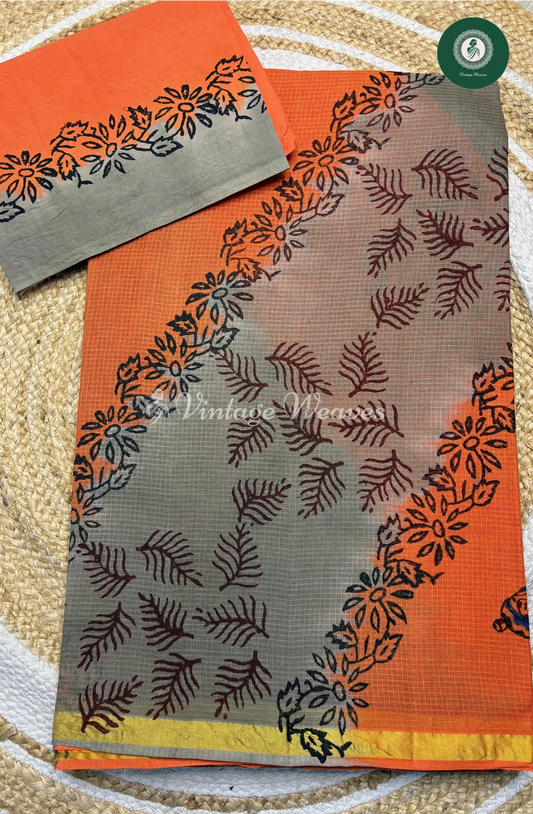 Kota Cotton Saree-Orange With Grey