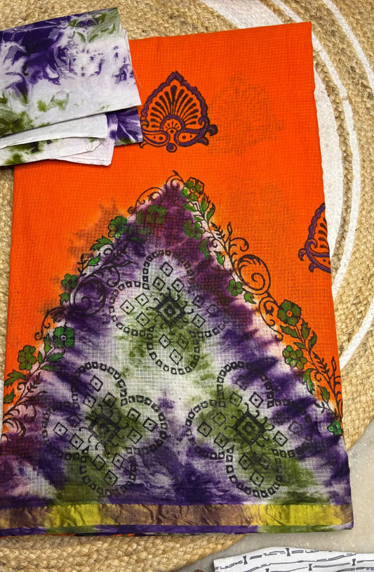 Kota Cotton Saree -Orange With Multicolor