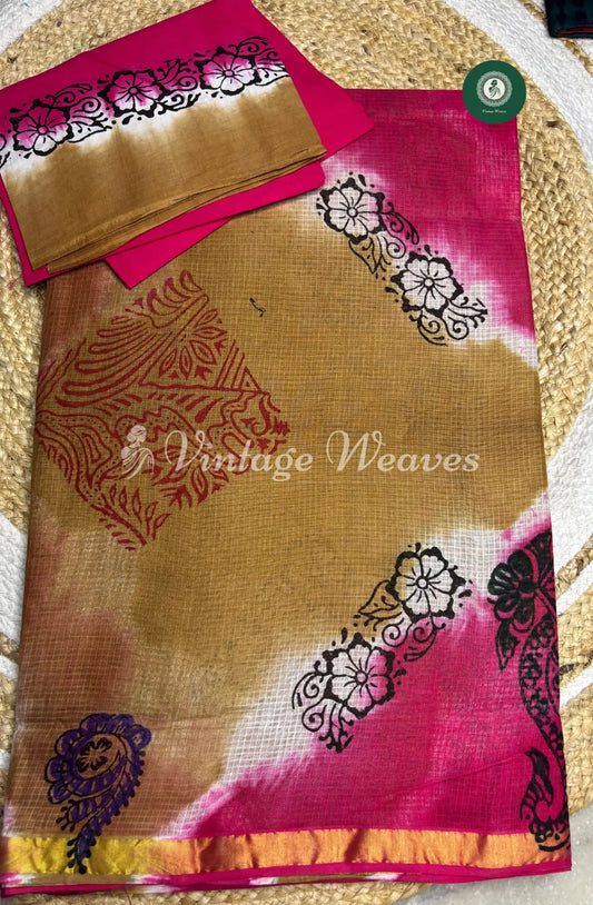 Kota Cotton Saree -Pink  With Brown