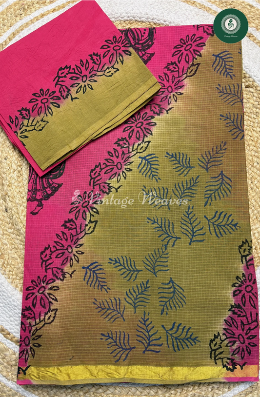 Kota Cotton Saree-Pink With Green