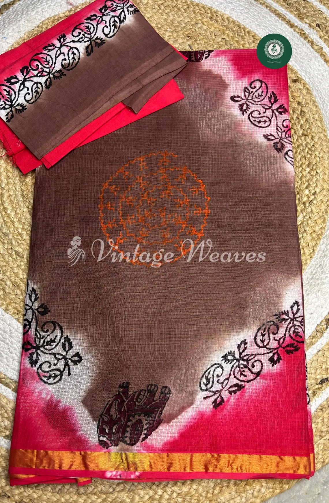 Kota Cotton Saree -Red With Brown