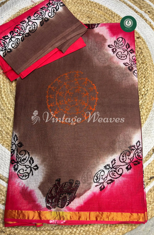 Kota Cotton Saree -Red With Brown