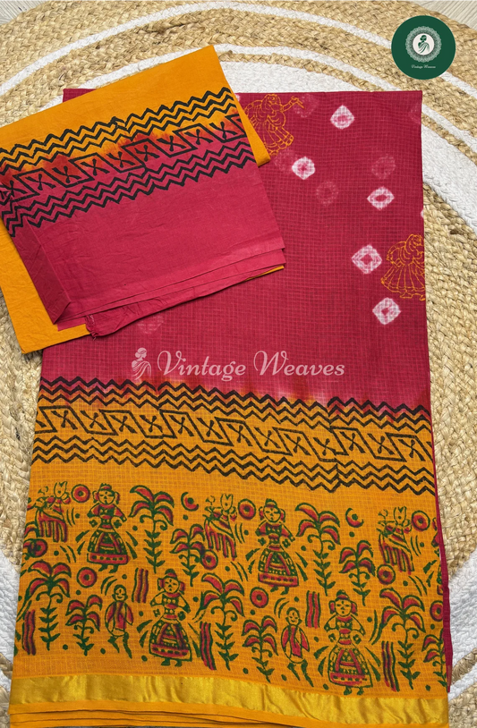 Kota Cotton Saree-Red With Orange