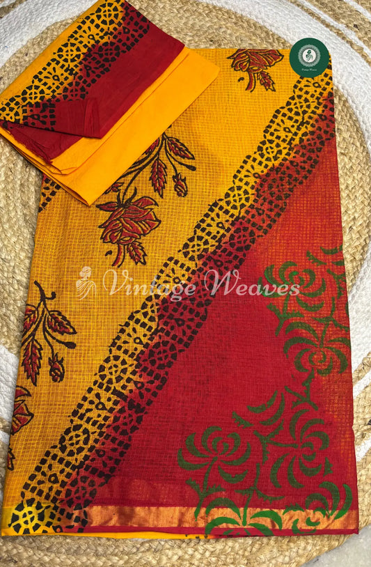 Kota Cotton Saree-Red With Yellow