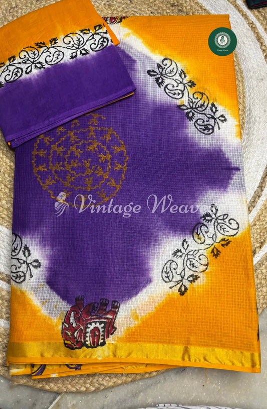 Kota Cotton Saree -Yellow  With Purple