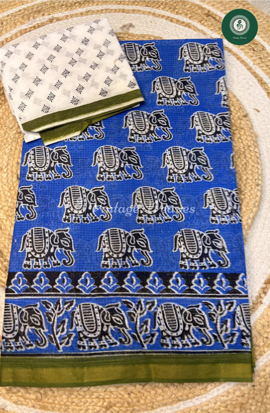 KotaCotton Saree Elephant Print-Blue