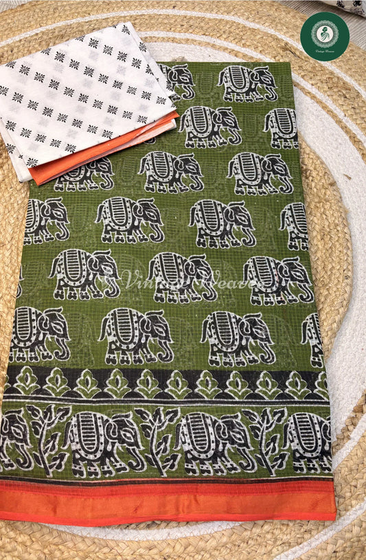 KotaCotton Saree Elephant Print-Green