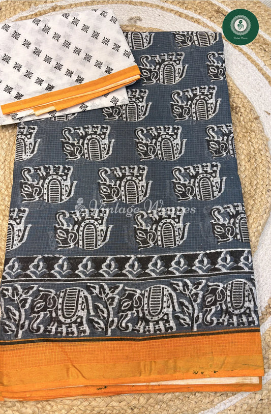 KotaCotton Saree Elephant Print-Grey