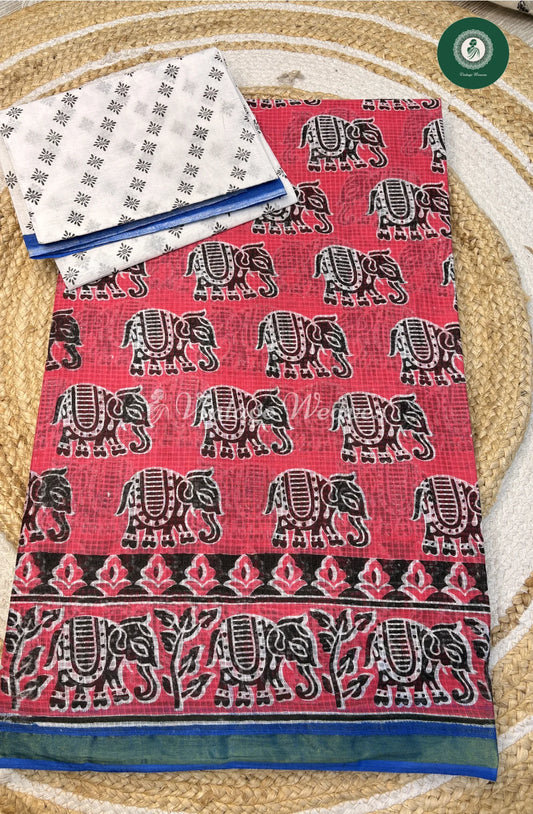 KotaCotton Saree Elephant Print-Pink