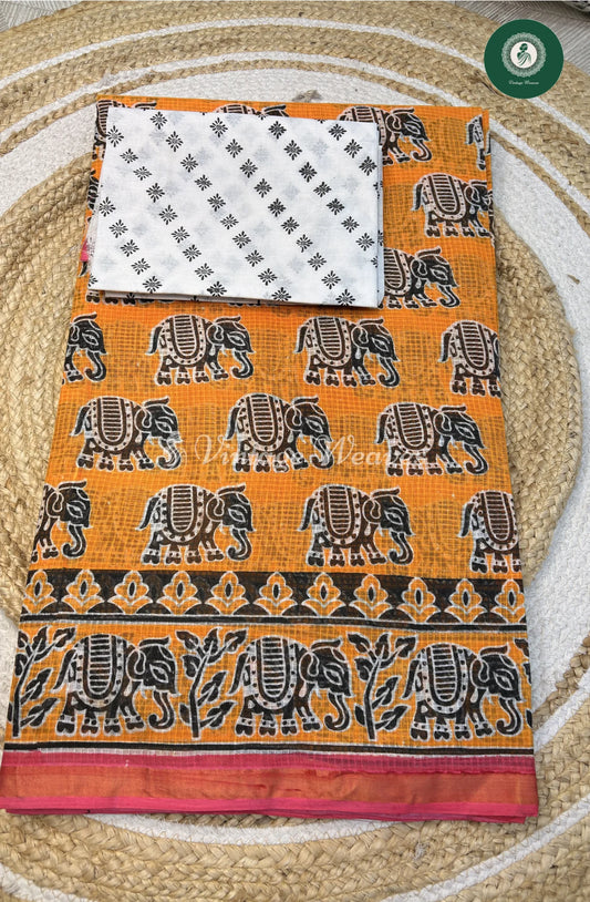 KotaCotton Saree Elephant Print-Yellow (1)