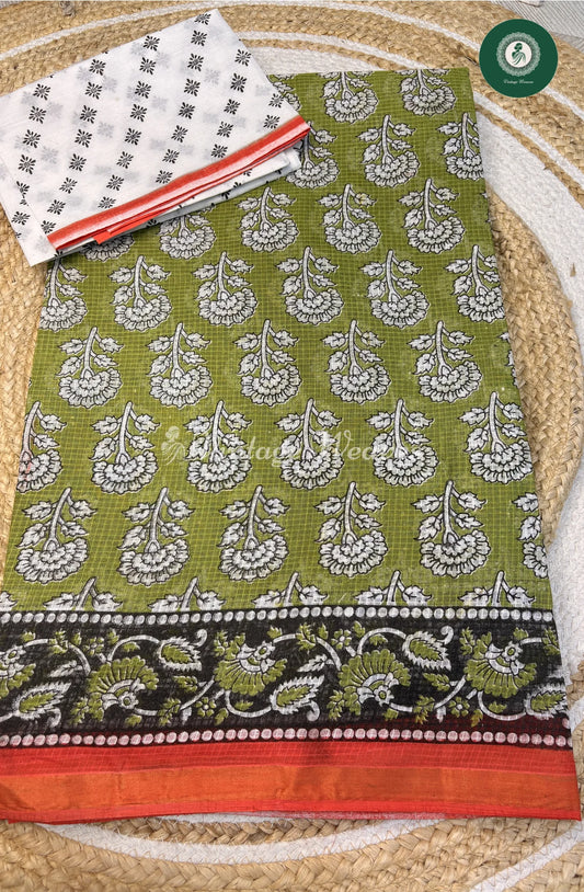 Kota Cotton Saree Flower-Green