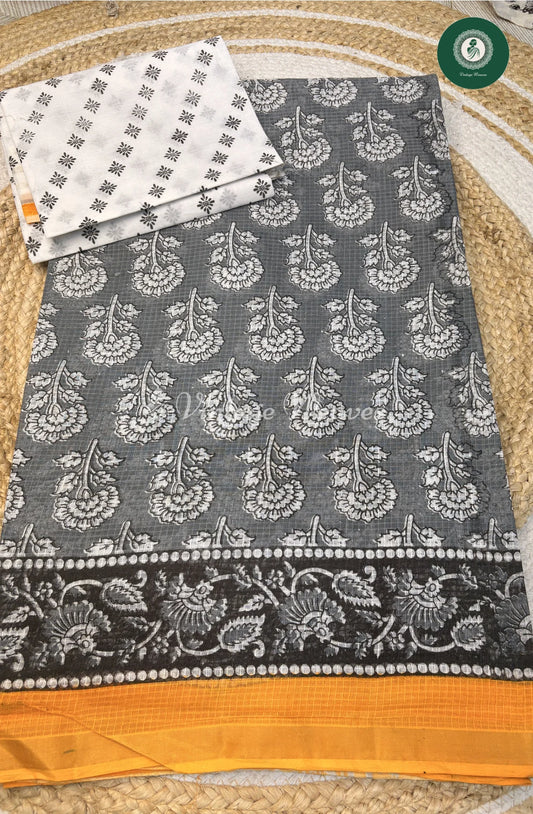 Kota Cotton Saree Flower-Grey