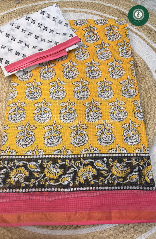 Kota Cotton Saree Flower-Yellow