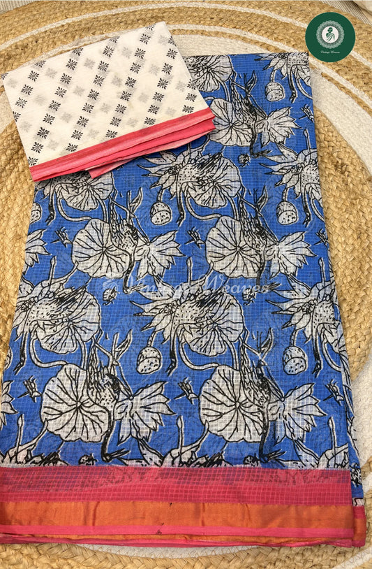 Kota Cotton Saree FlowerPrint-BlueWithPink