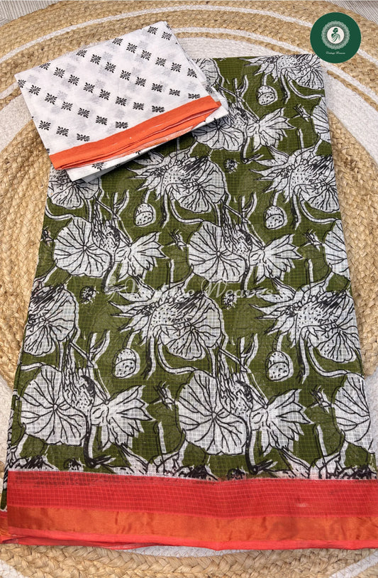 Kota Cotton Saree FlowerPrint-GreenWithPink