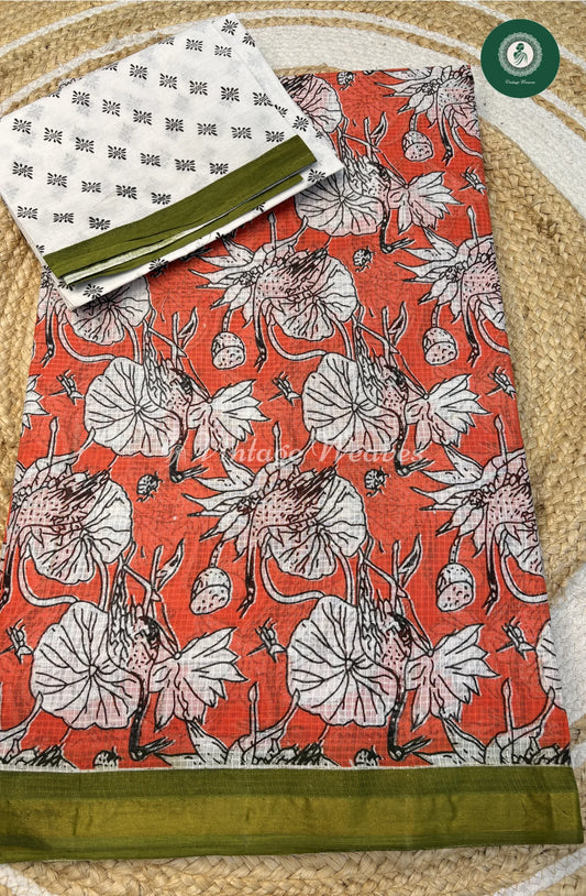 Kota Cotton Saree FlowerPrint-OrangewithGreen